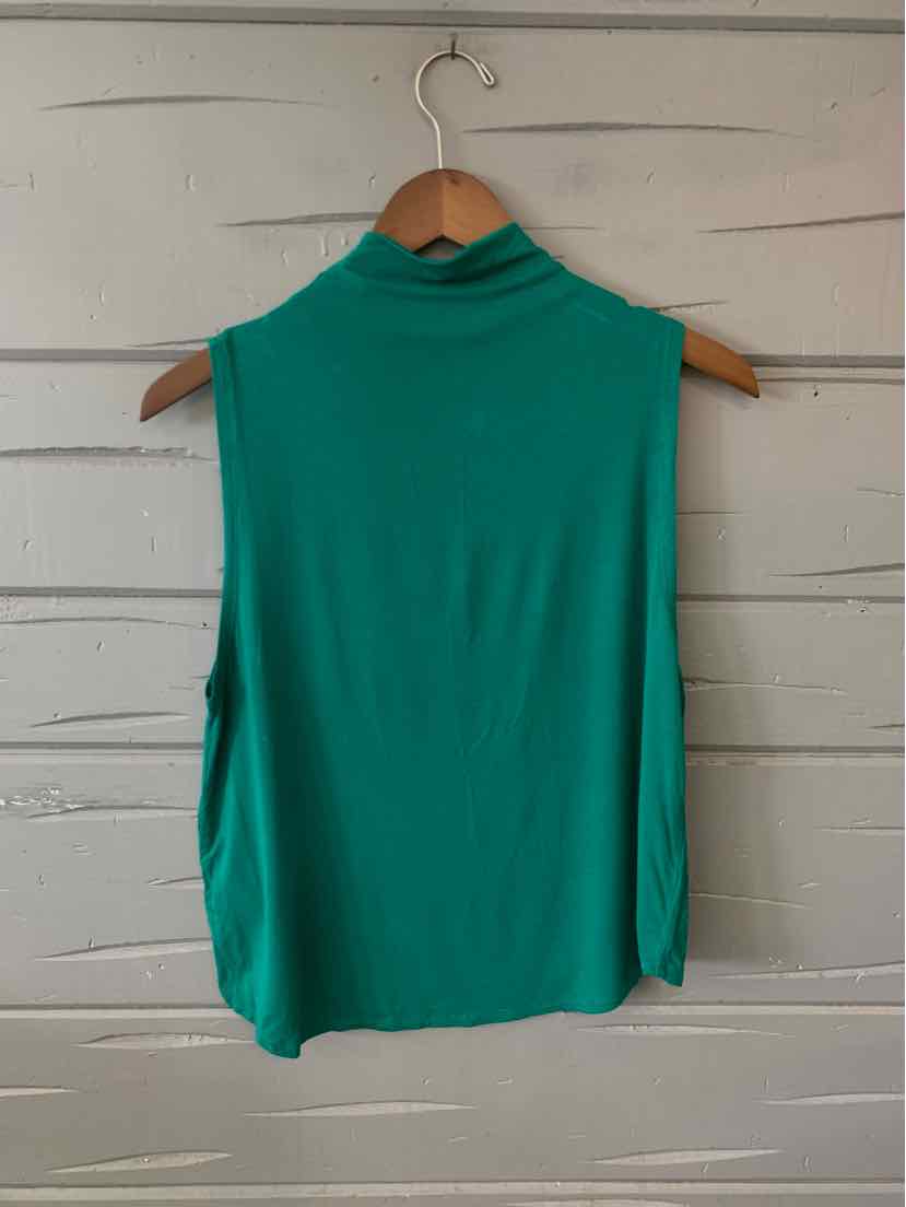 Sleeveless green mock-neck lightweight top with a straight hem on wooden hanger.