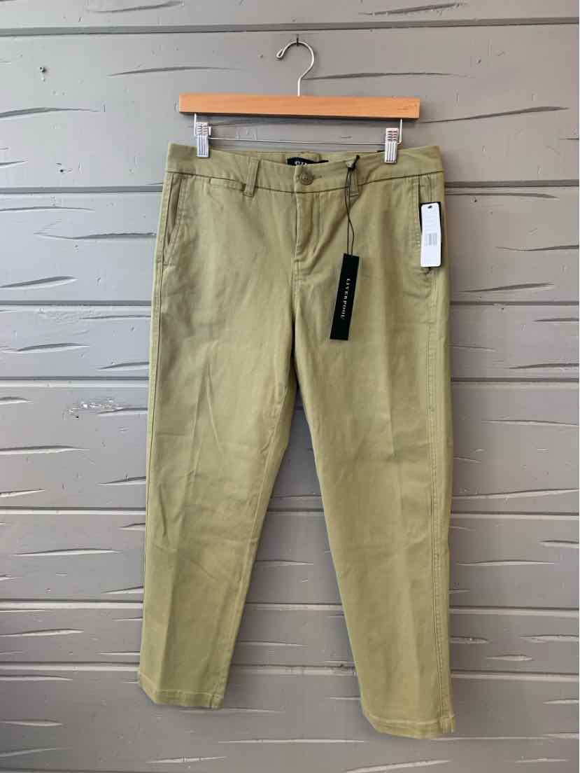 Olive green straight-leg pants with front pockets and belt loops, size 6.