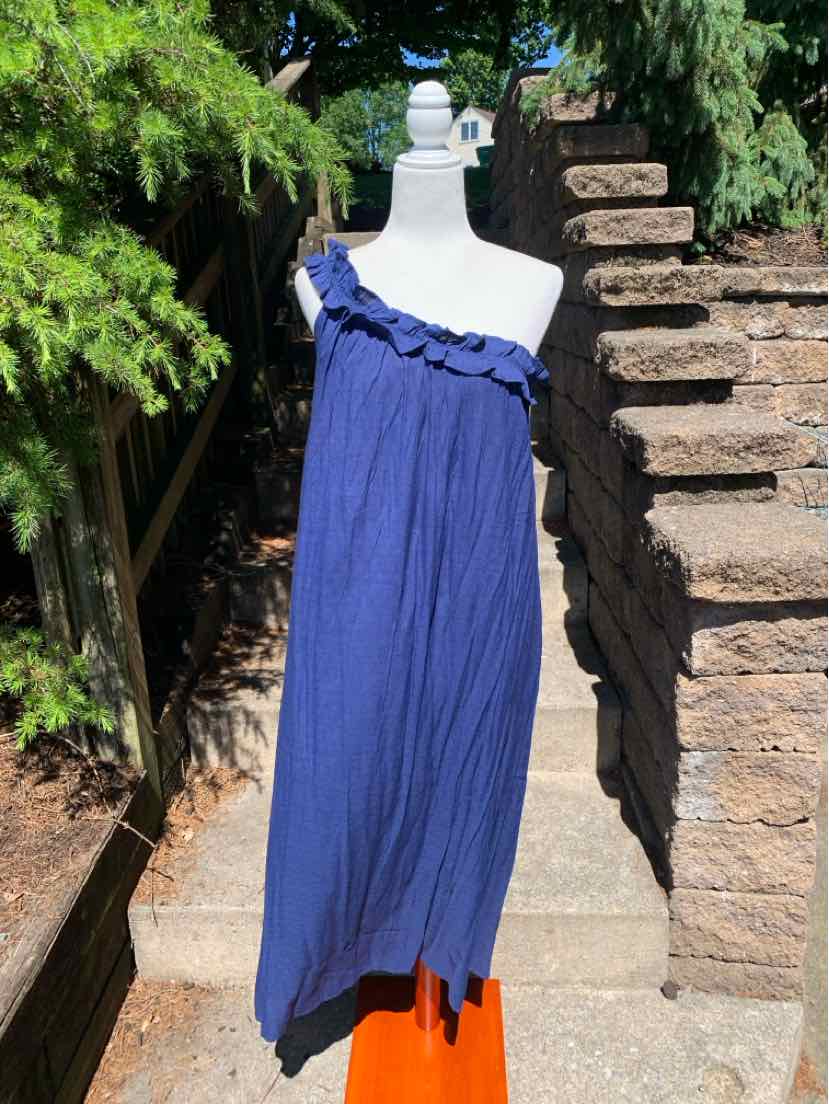 Blue one-shoulder dress with ruffle detail, knee-length, lightweight fabric.