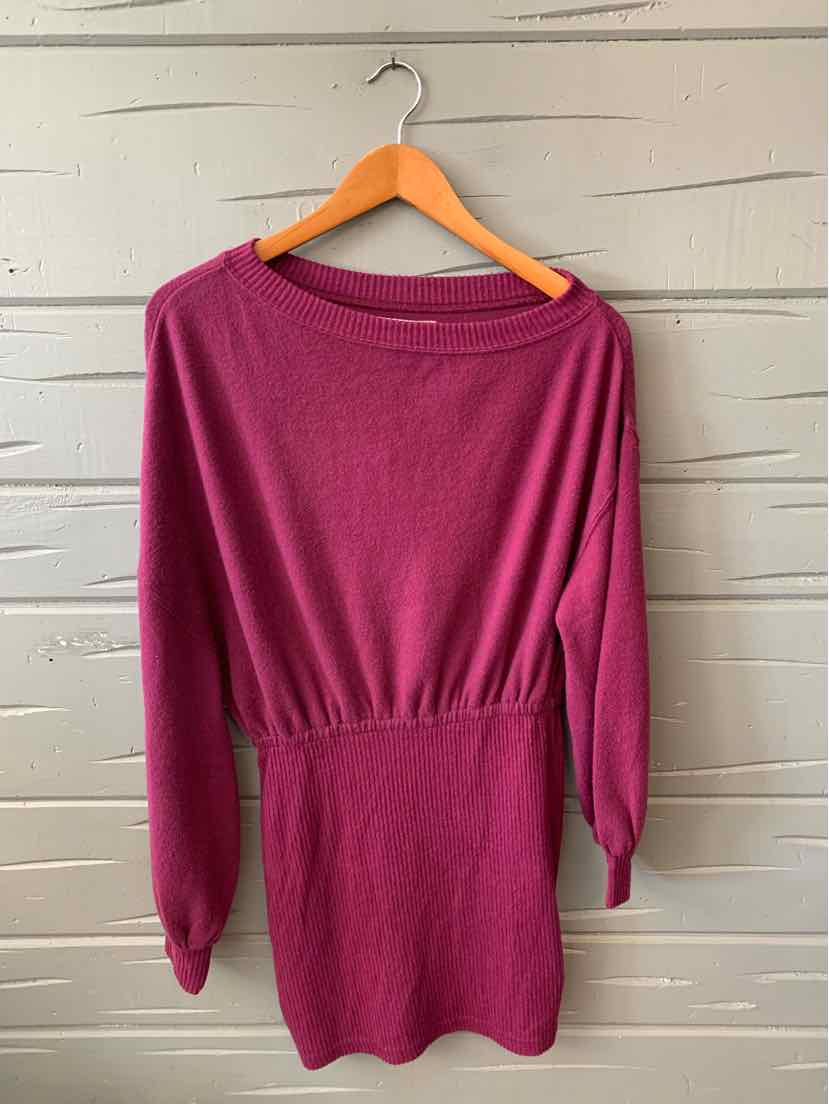 Plum long-sleeve knit dress with cinched waist and boat neckline hanging on wooden hanger.