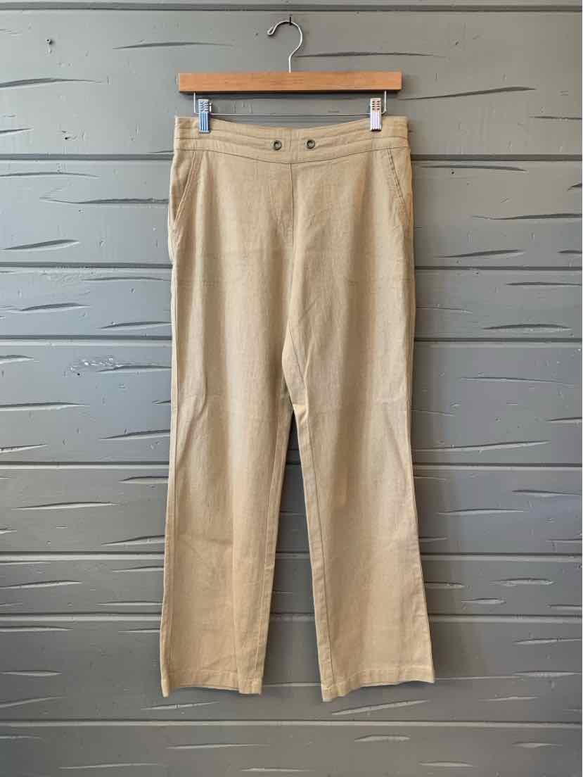Tan straight-leg trousers with front buttons and belt loops, size small.