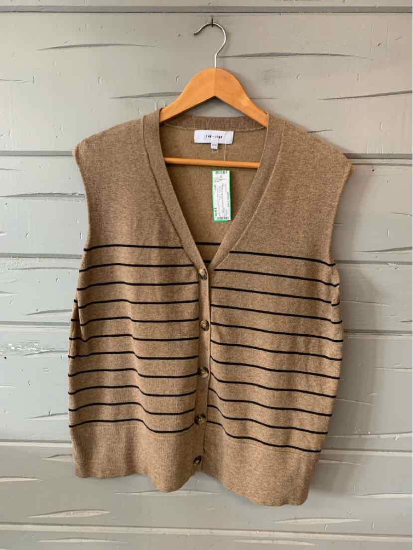 Tan knitted sleeveless sweater vest with black horizontal stripes and V-neck collar.