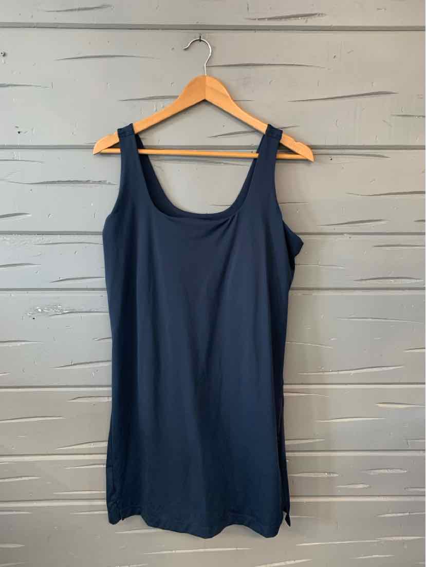 Sleeveless navy blue tank dress with scoop neckline, fitted silhouette, and XL size label.