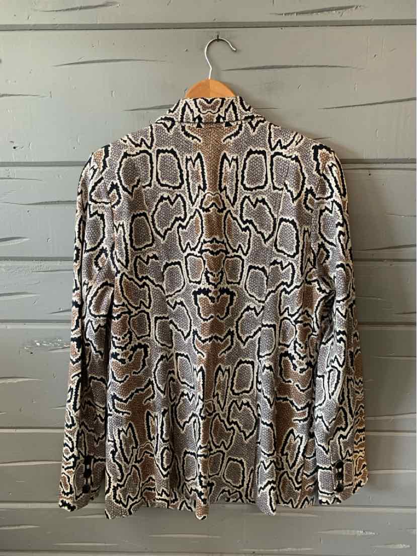 Long-sleeve women's blouse with beige and black snake print on lightweight fabric, size 12.