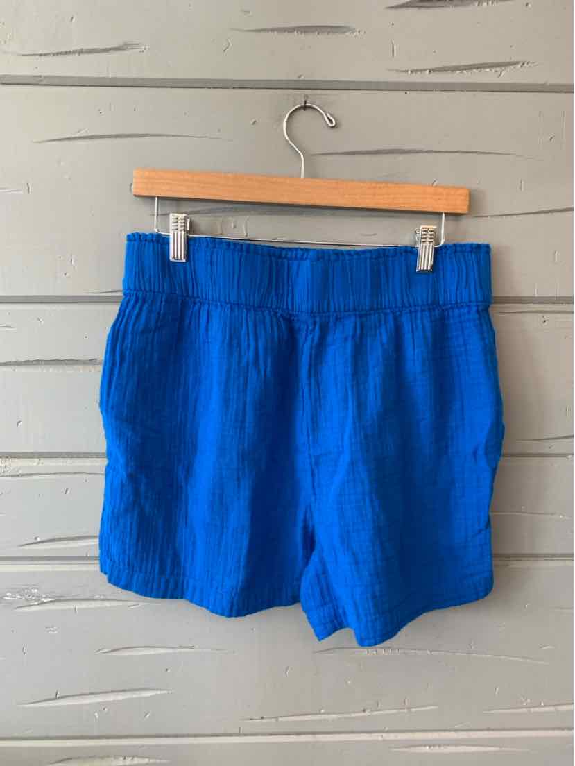 Bright blue casual shorts with gathered elastic waistband hanging on wooden hanger against gray paneled wall.