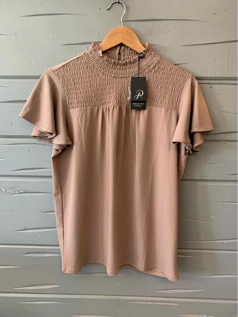 Beige short-sleeve top with smocked high neckline and flutter sleeves, medium size.