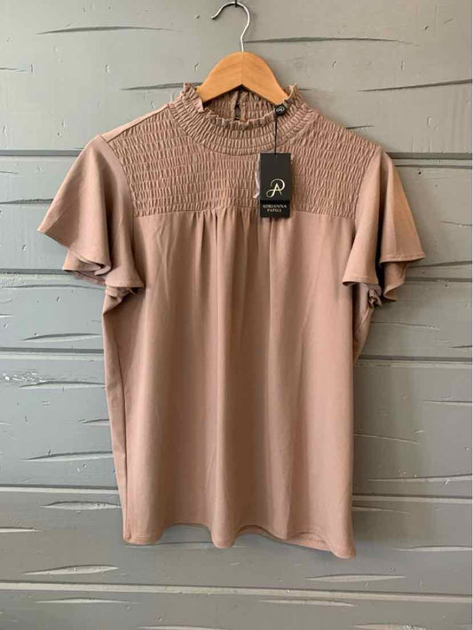 Beige short-sleeve top with smocked high neckline and flutter sleeves, medium size.