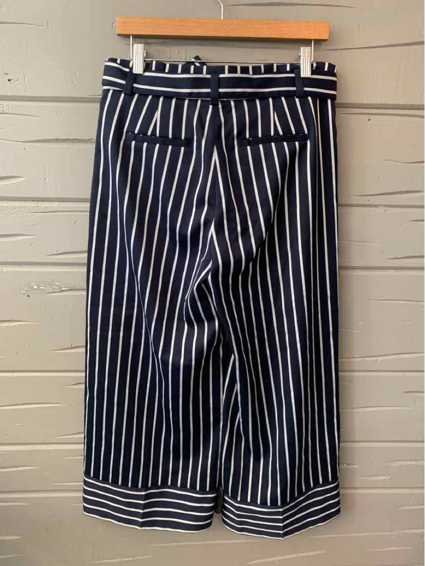 Navy blue wide-leg trousers with vertical white pinstripes and cuffed hems.
