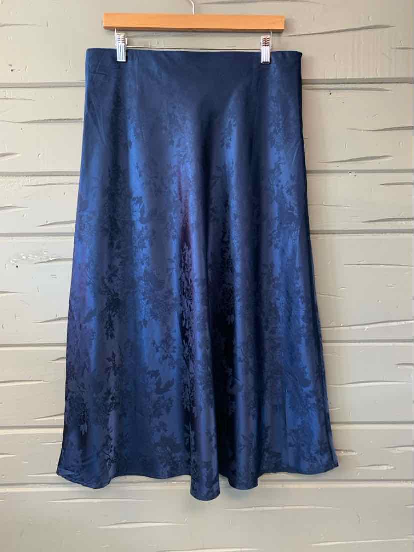 Navy blue floral satin midi skirt with A-line silhouette in size XL.