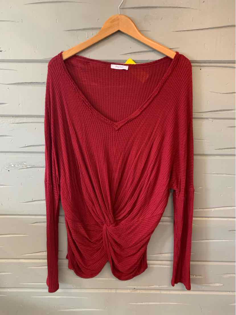Long-sleeve deep red V-neck top with ruched front detail, lightweight knit fabric, XL size.