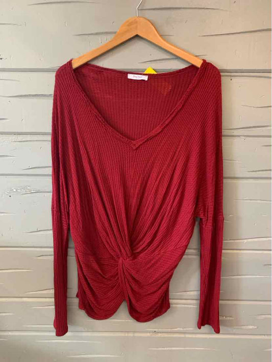 Long-sleeve deep red V-neck top with ruched front detail, lightweight knit fabric, XL size.