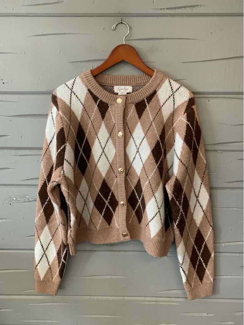 Women’s Jessica Simpson brown, cream, and tan argyle knit cardigan with buttons and a V-neck.