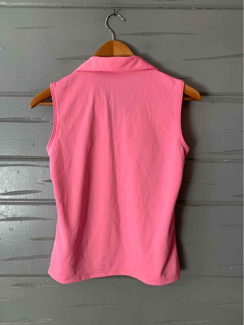 Sleeveless pink polo shirt with collar, slim fit, size small, hanging on wooden hanger.
