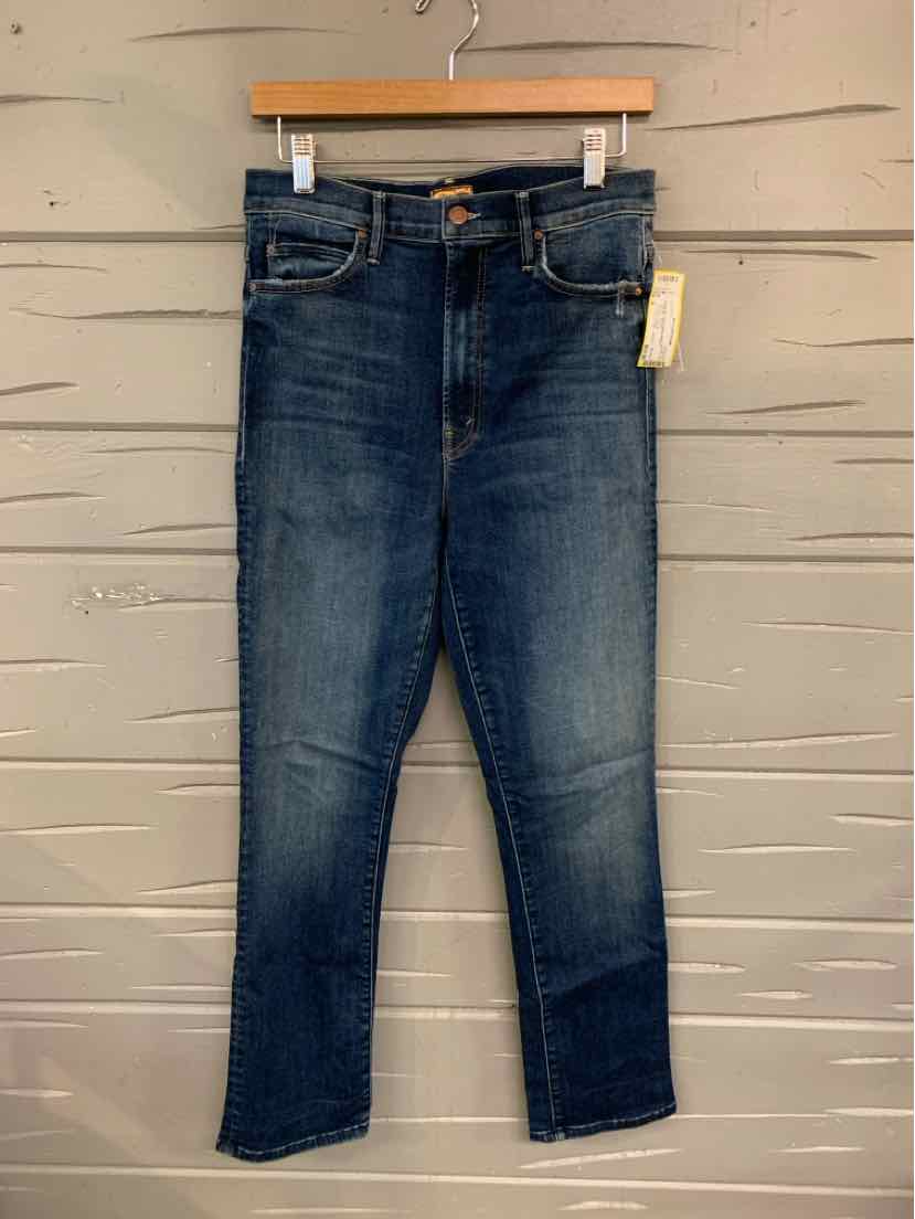 Dark blue slim-fit denim jeans with slight fading, five-pocket style, and button closure.
