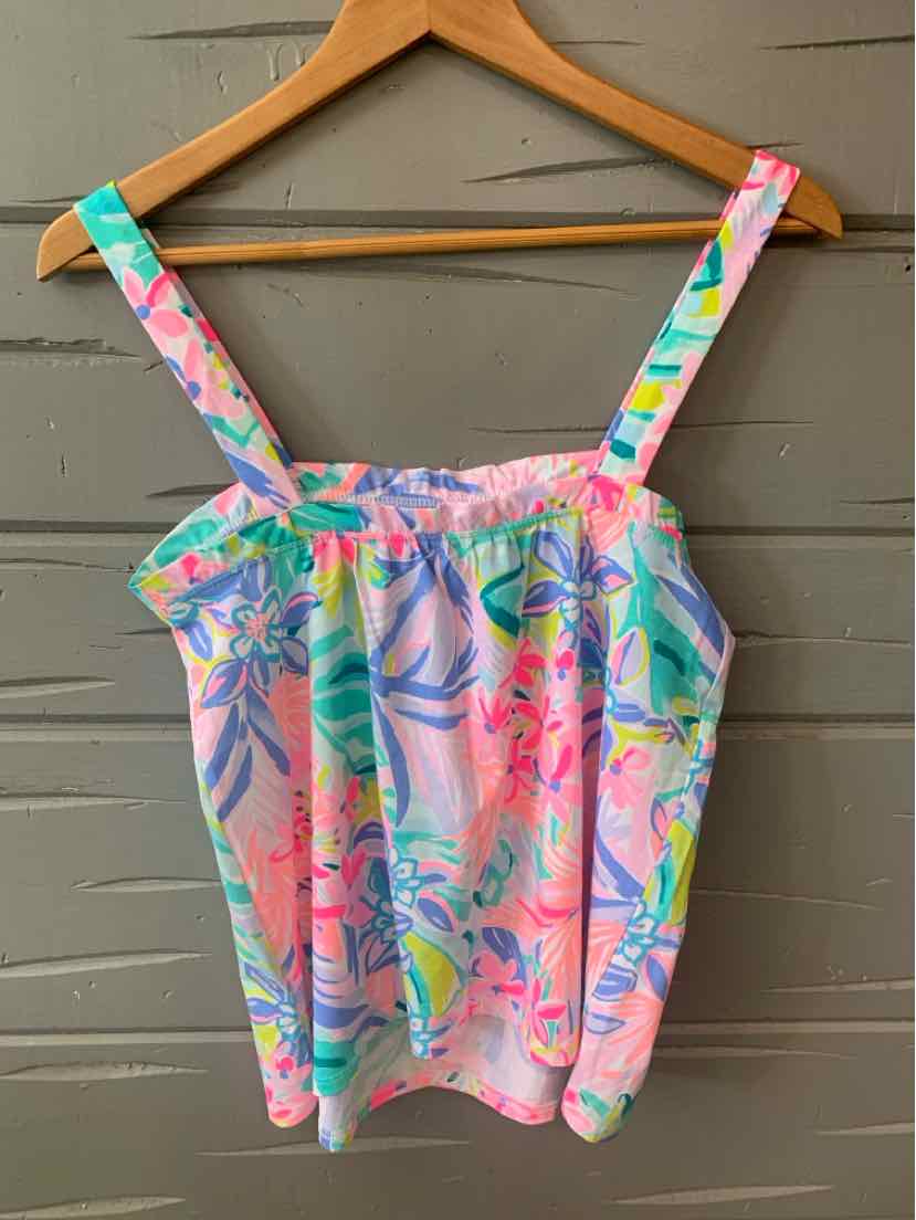 Colorful sleeveless Lilly Pulitzer top with pink, blue, and green tropical print, sm size.