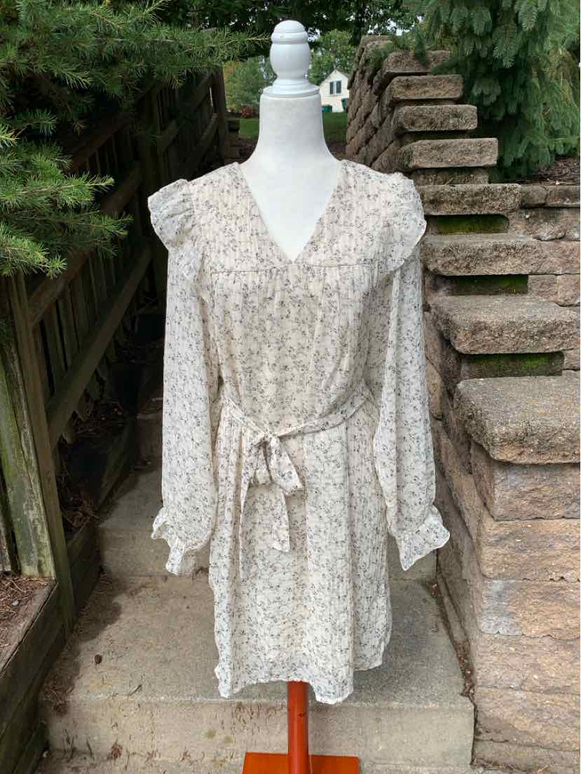 Oatmeal floral print dress with long puffed sleeves, V-neck, and waist tie in XL size.