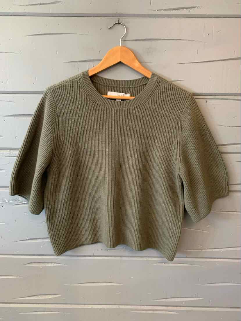 Olive green knit sweater with short puff sleeves and a round neckline, size small.