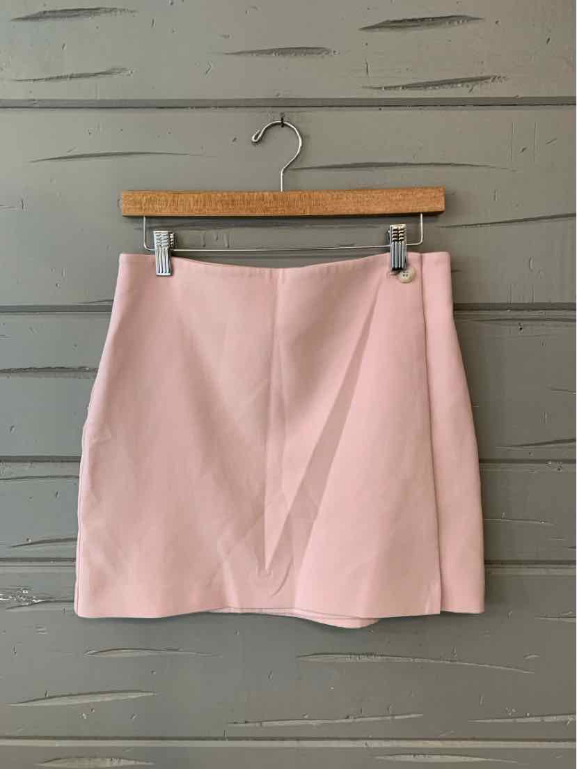 Light pink A-line skirt with subtle seam detailing, hanging on wooden hanger against gray wall.