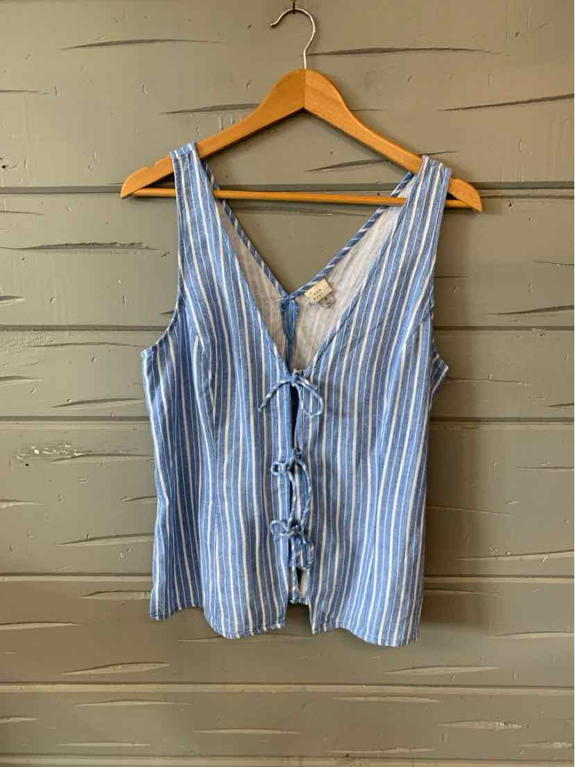 Blue and white vertical striped sleeveless blouse with front tie detail and scoop neckline.