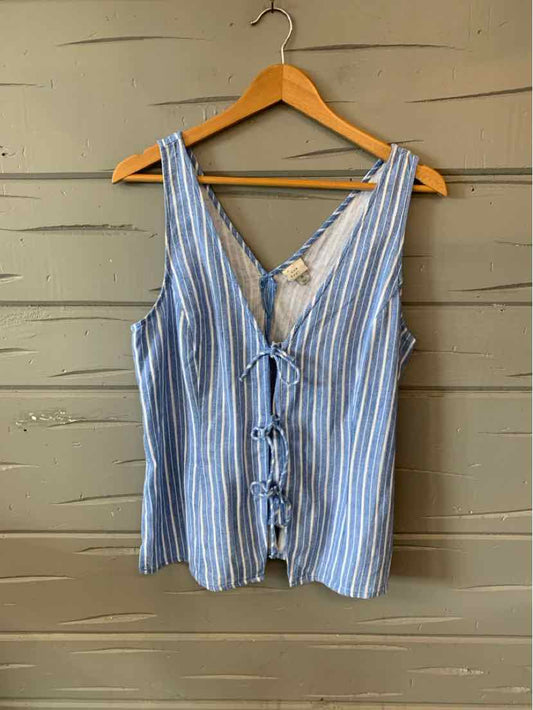 Blue and white vertical striped sleeveless blouse with front tie detail and scoop neckline.