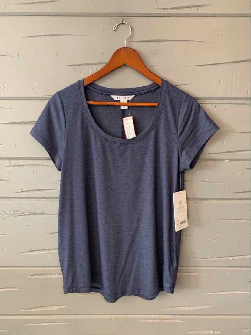 Heather blue short-sleeve scoop neck cotton blend t-shirt with relaxed fit and size tag.