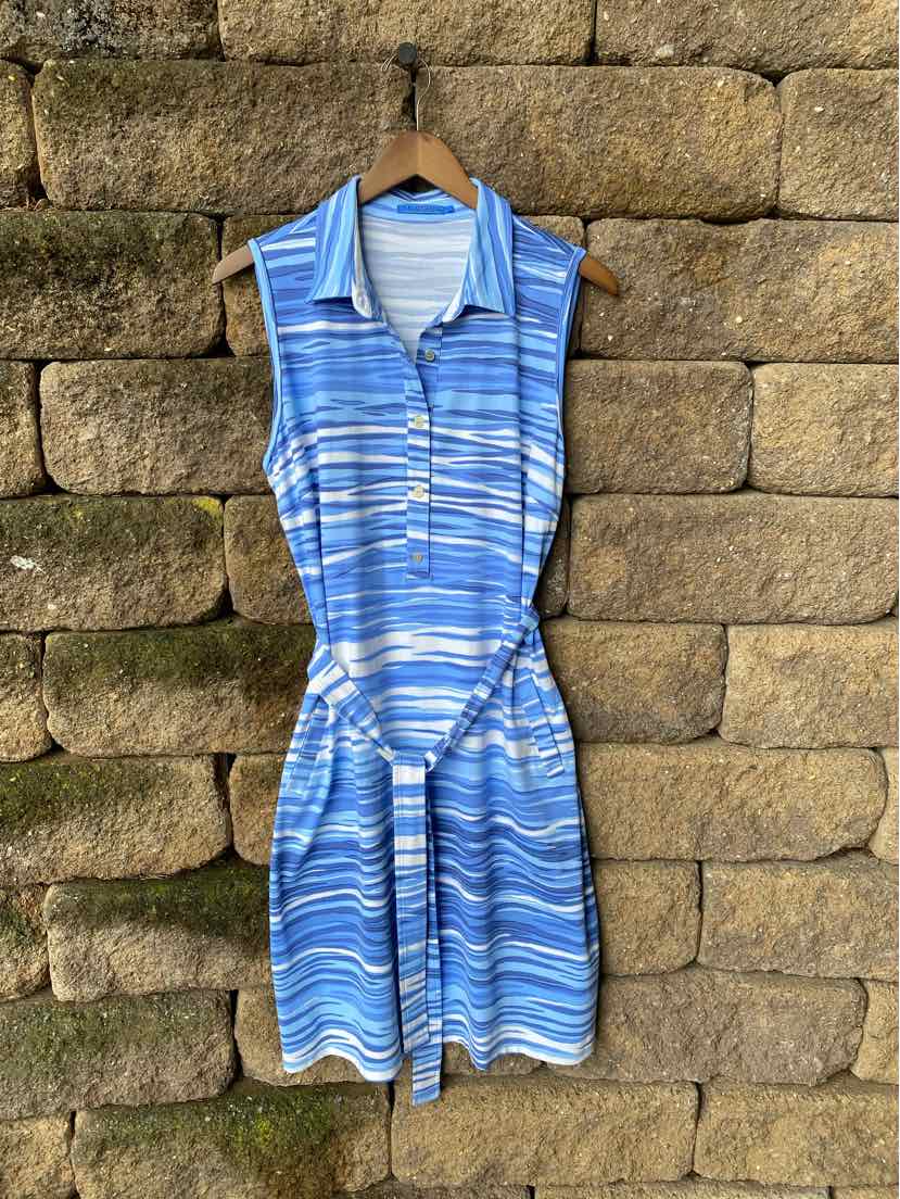 Blue sleeveless polo dress with white and navy horizontal wave stripes and front zipper closure.