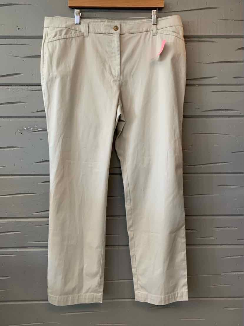 Tan straight-leg pants with button and zipper closure, size 16W, mid-rise waistband.