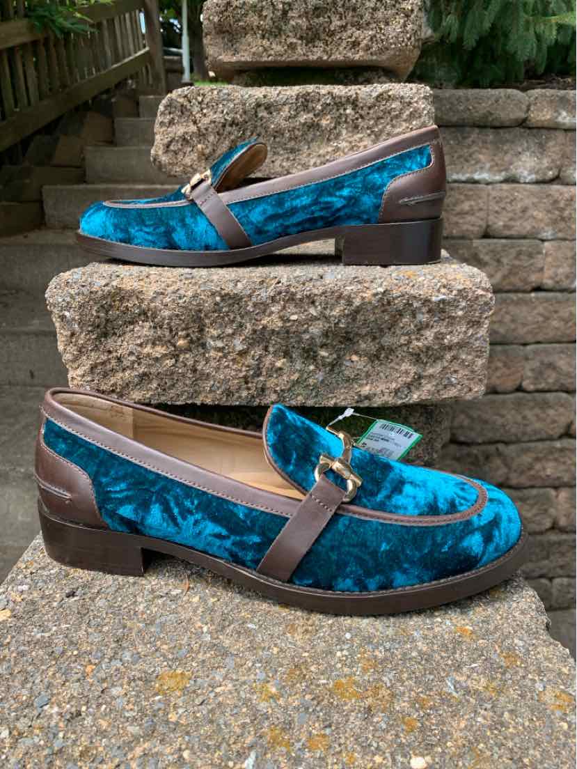Teal velvet loafers with brown strap and heel, rounded toe, size 41, low block heel.