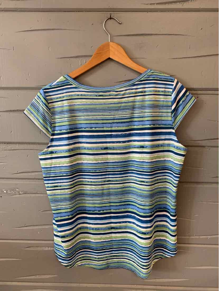 Blue and white striped short-sleeve blouse with scoop neckline on wooden hanger.