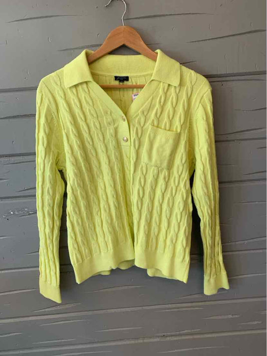 Light yellow cable knit cardigan with button front and collar, size large petite.