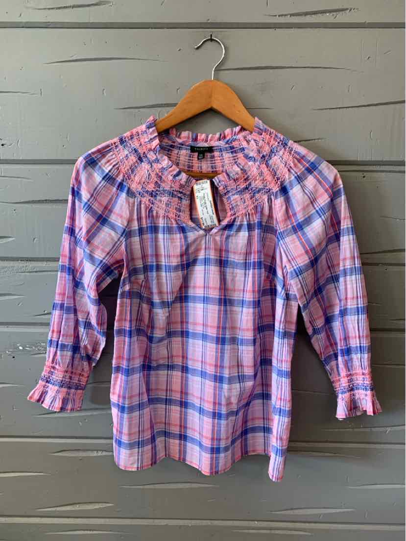 Pink and blue plaid long-sleeve blouse with elastic neckline and petite size XS label.