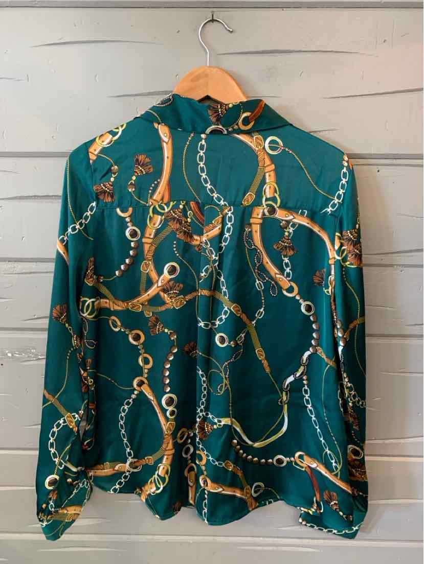 Teal long-sleeve shirt with gold chain and rope pattern, button-up style, size XL.