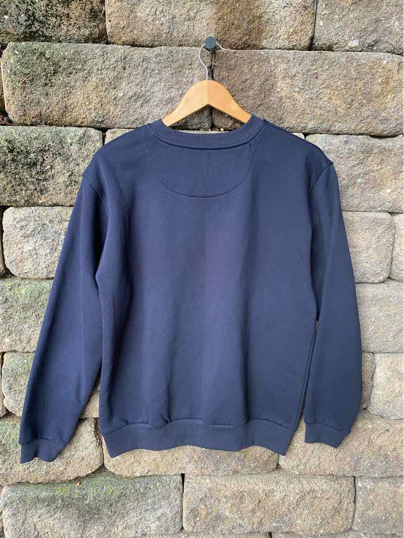 Navy blue crewneck sweatshirt with long sleeves, solid color, relaxed fit, medium size.
