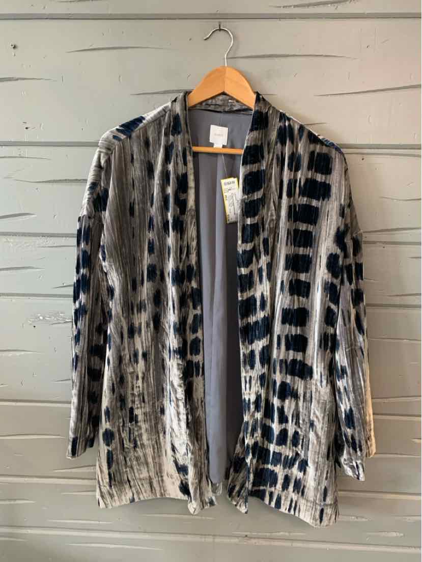 Long open-front cardigan with black and gray abstract tie-dye pattern, lightweight fabric, and long sleeves in medium size.
