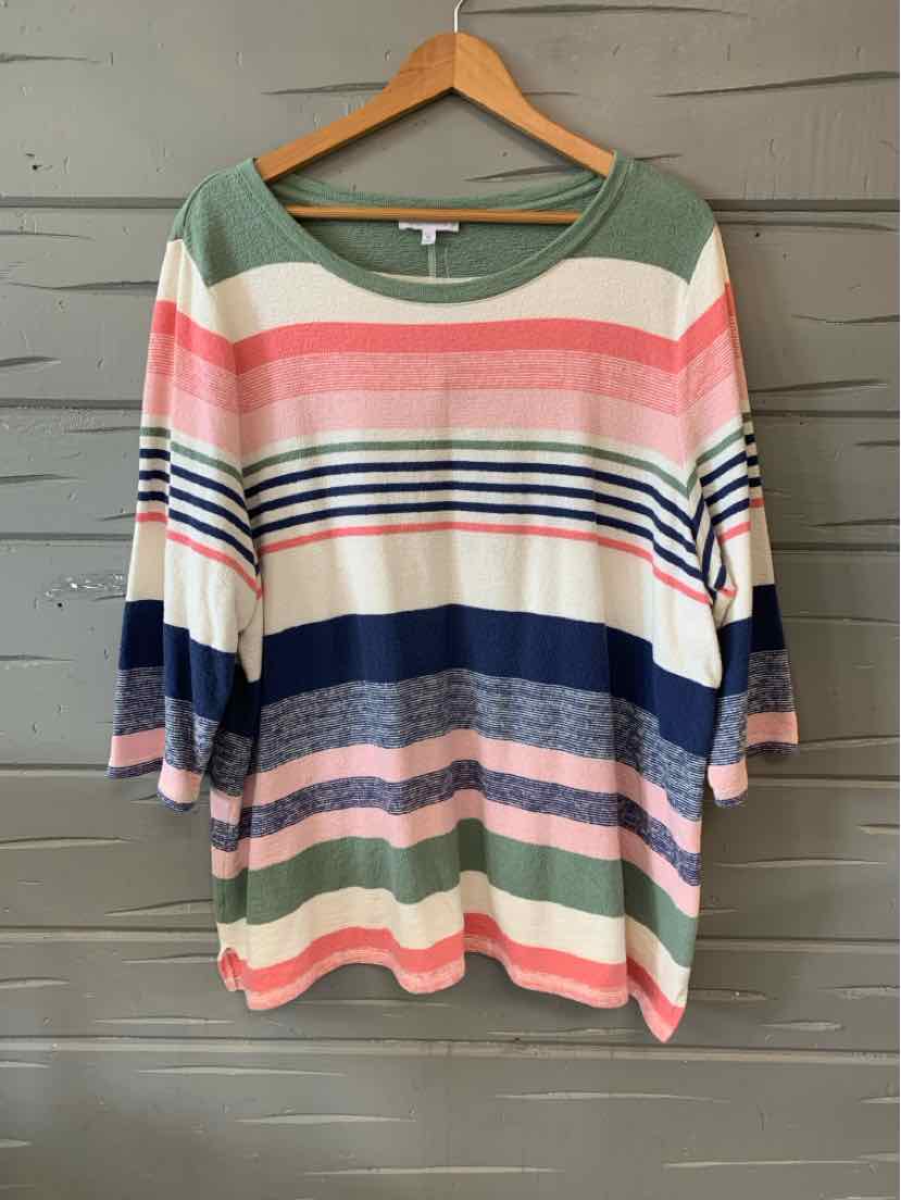 Women's striped tunic with 3/4 sleeves in pink, green, navy, white, and black horizontal bands.
