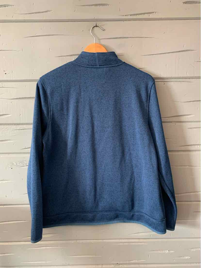 Blue long-sleeve pullover sweatshirt with a relaxed fit and simple collar, cotton blend fabric.