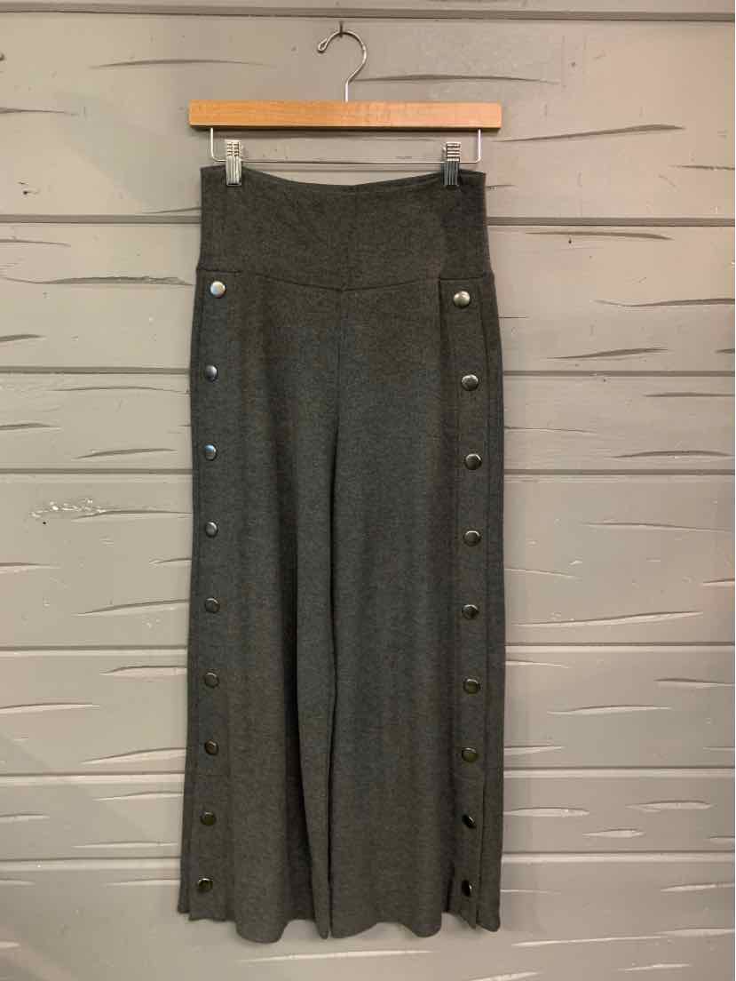 High-waist charcoal gray wide-leg pants with side button details in small size XS.