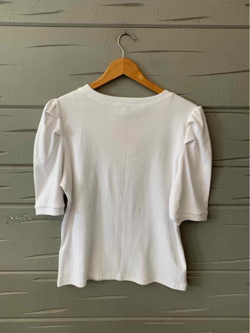 White puff-sleeve knit top with fitted waist and round neckline, size large.