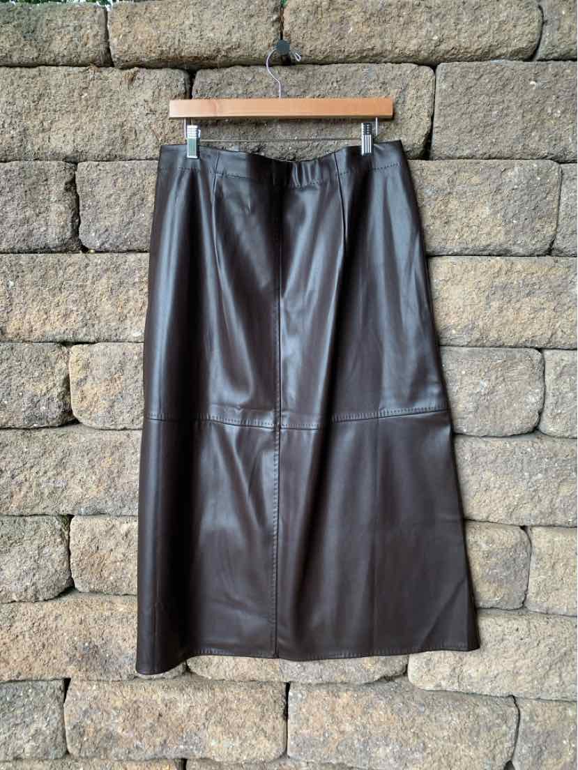 Black faux leather midi skirt with an A-line silhouette and front seams, size XL.
