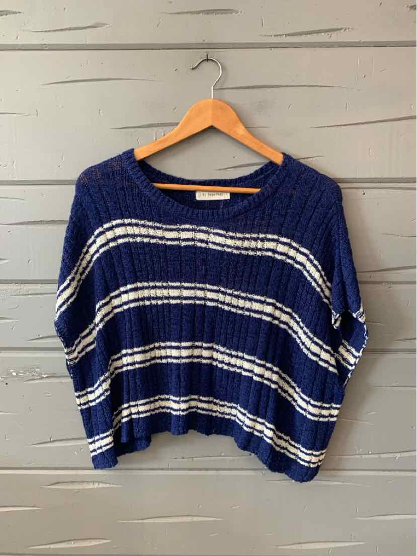 Navy blue knitted sweater with white horizontal stripes, loose fit, wide round neckline, and long sleeves.