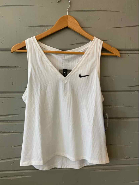 White Nike sleeveless tank top with V-neck and black swoosh logo on chest, size small.