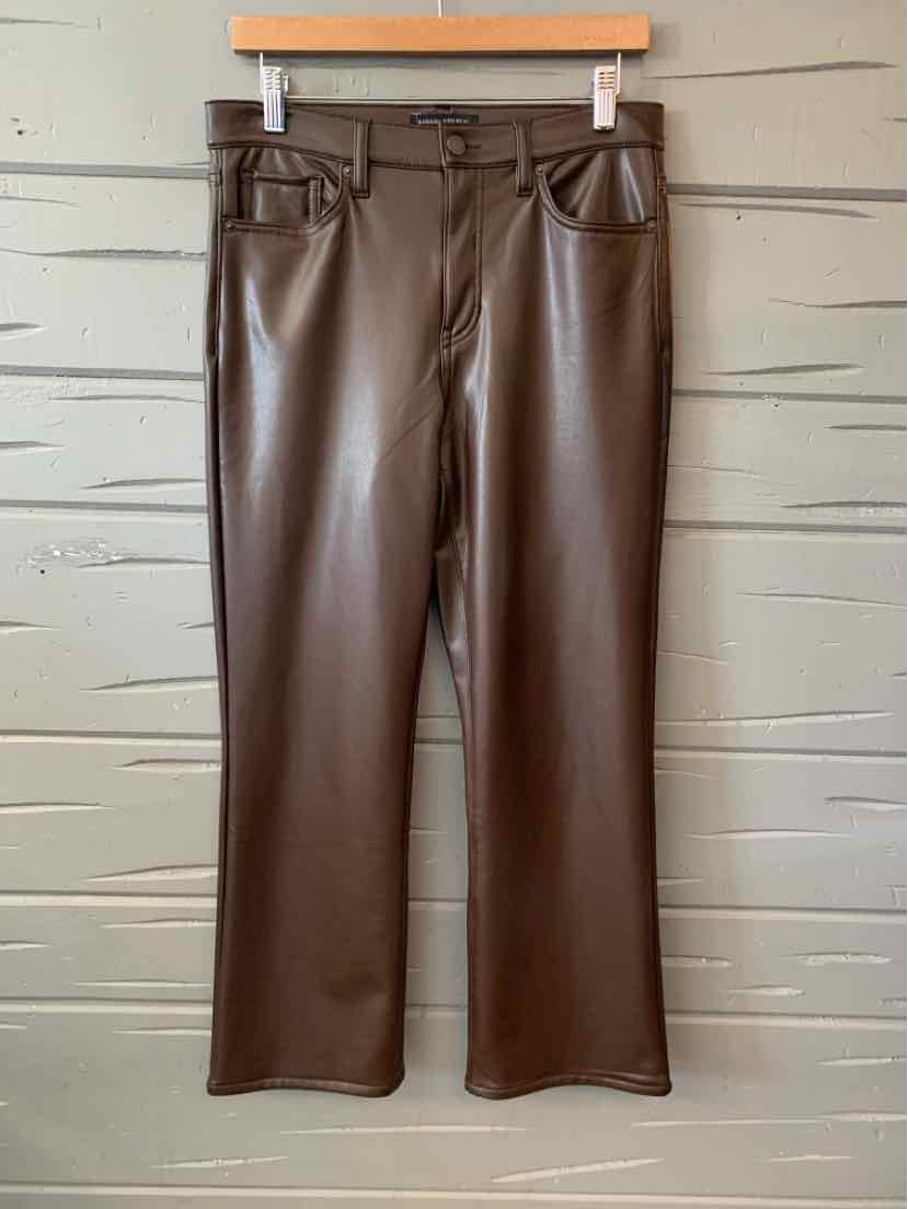 Dark brown faux leather straight-leg pants with front pockets and belt loops, size 28.