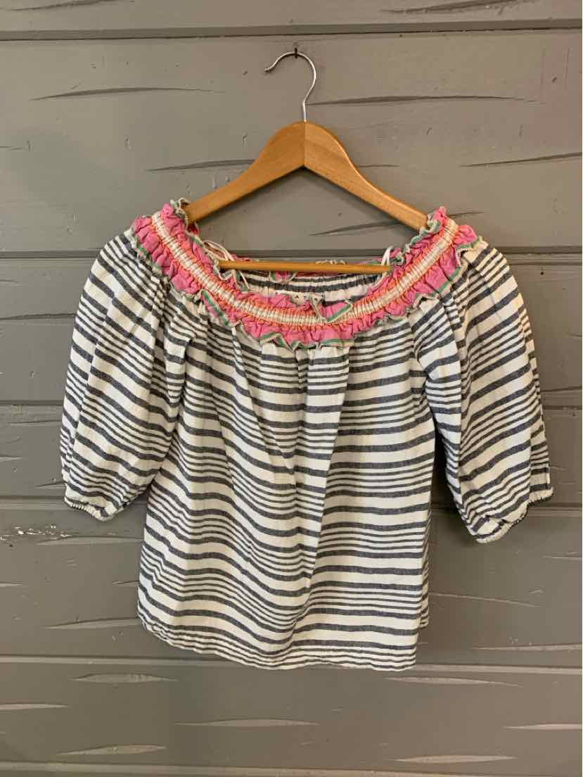 White and gray striped blouse with pink ruffled neckline and puffed elbow-length sleeves.