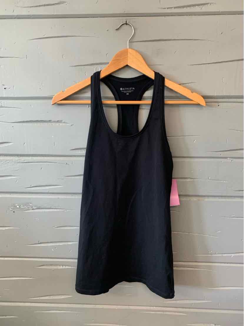 Black racerback athletic tank top in size XS with a smooth, stretchy fabric finish.