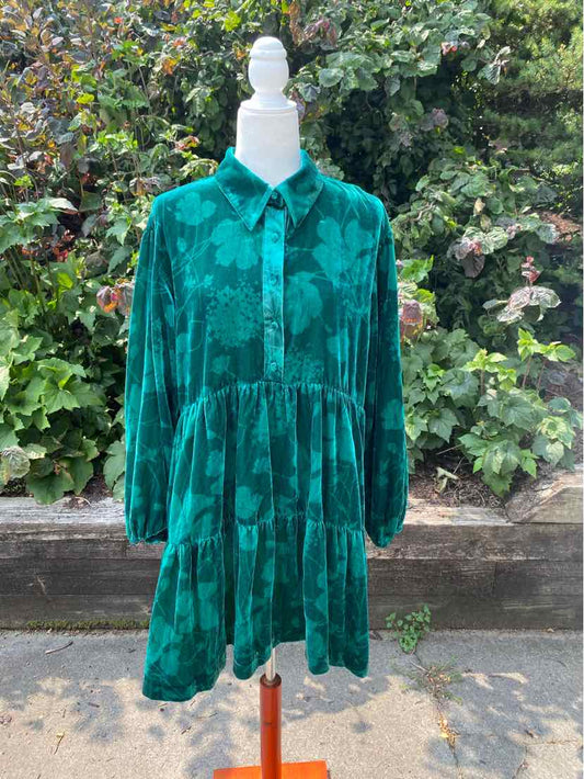 Green floral long-sleeve tiered dress with button-up collar and loose fit.