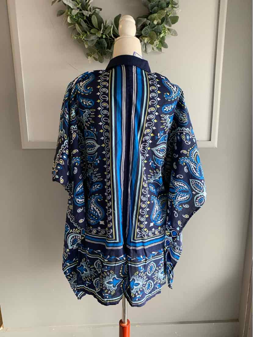 Blue paisley patterned kimono-style cardigan with wide sleeves and striped border trim.