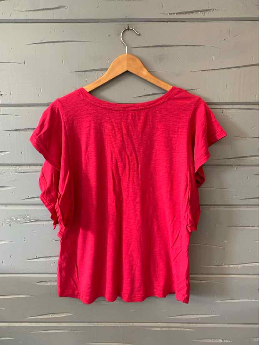 Bright red short-sleeve t-shirt with ruffled sleeves, soft cotton fabric, size large.