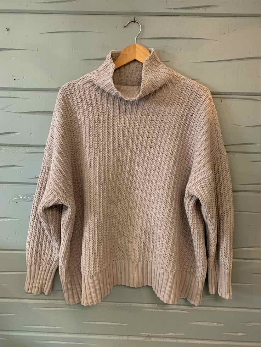 Taupe ribbed knit sweater with mock neck and long sleeves in medium size.