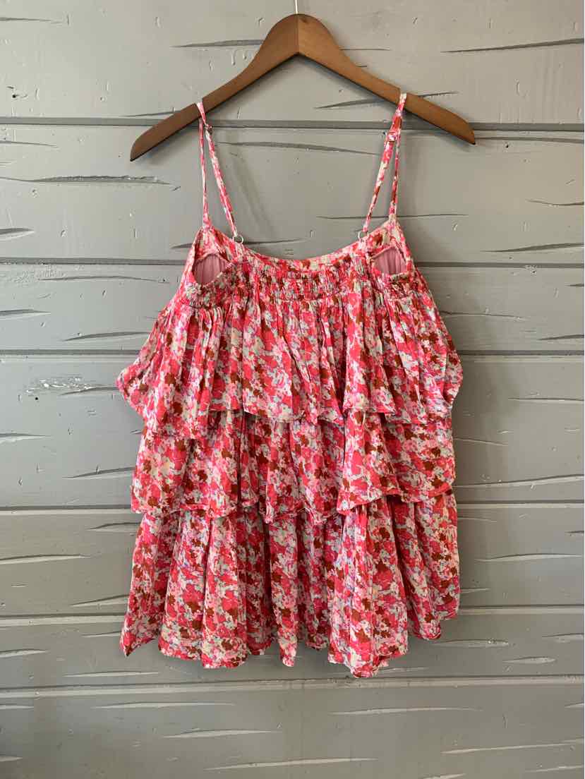 Pink floral tiered sleeveless dress with thin adjustable straps, medium size.