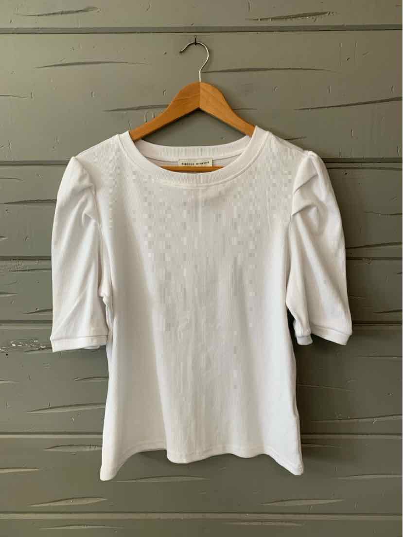 White knit top with puffed three-quarter sleeves and round neckline, size large.